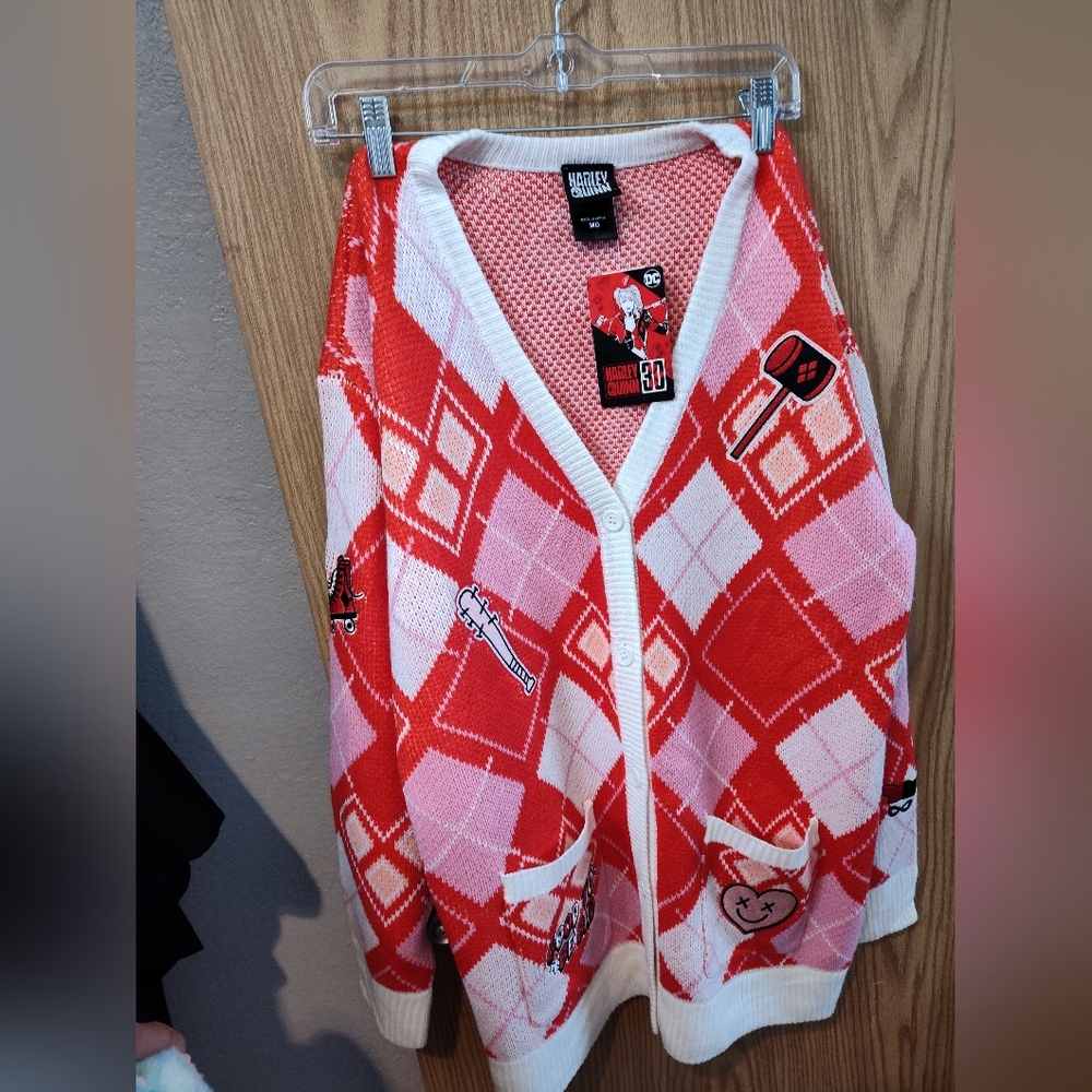 Red and Pink Argyle Cardigan Harley Quinn New With Tags